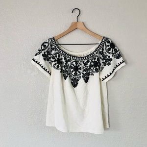 Solitaire White Cotton Top w/ Black Embroidery